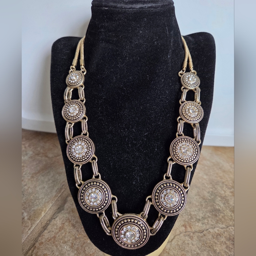 Lia Sophia Tudor Rhinestone Medallion Statement Necklace Gold Tone